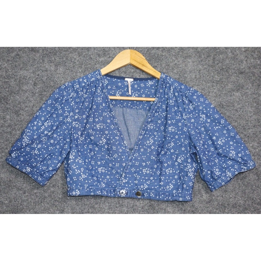 Free People Top Women 6 Blue Cropped Chambray BOHO Open Front Deep V Bohemian